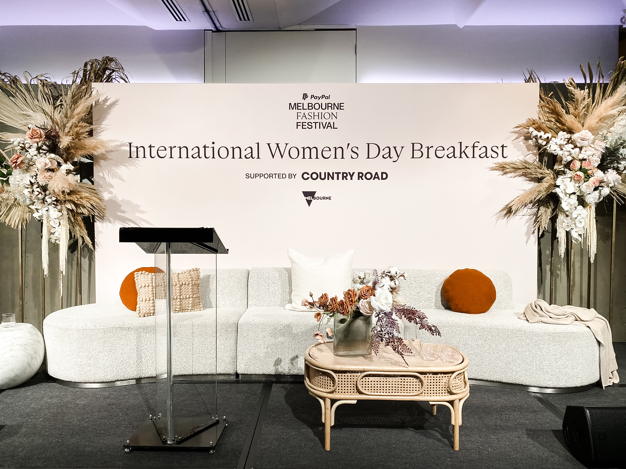 International Women's Day stage set for Melbourne Fashion Festival presented by Country Road, Zinc at Fed Square, Melbourne corporate event venue