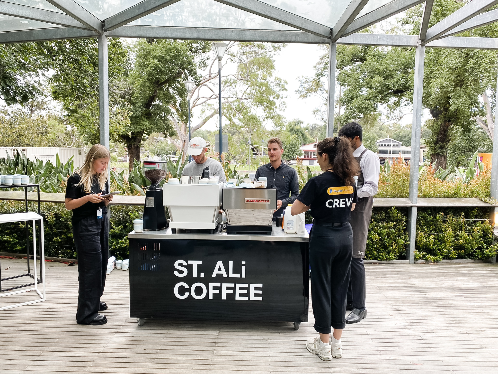 St. Ali coffee cart on the outdoor deck at Zinc at Fed Square, Melbourne corporate event venue on the Yarra River