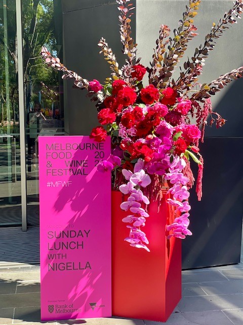 Entrance florals for Sunday lunch with Nigella, MFWF, Zinc at Fed Square on Yarra River